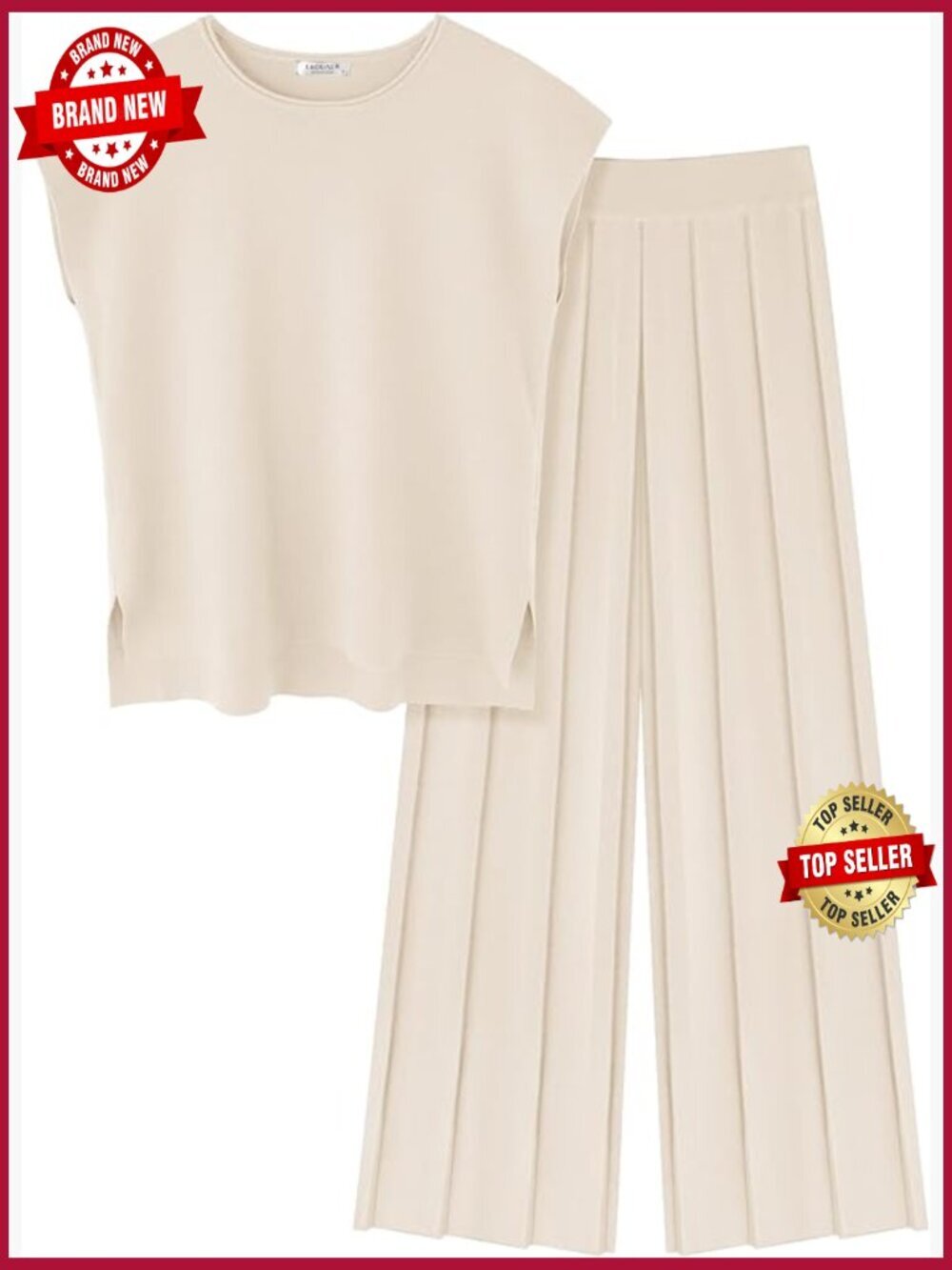 Two Piece Lounge Set Cap Sleeve Top Wide Leg Pleated Pants Knit Outfit